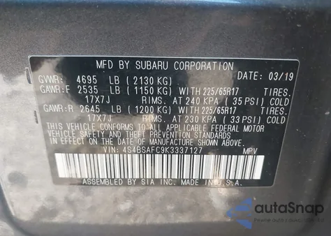 2019 Subaru Outback 2.5I Premium z USA, uszkodzony, nr VIN 4S4BSAFC9K3337127